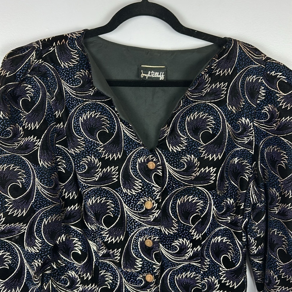Vintage Joseph Ribkoff Metallic Velour Button Front Blazer Jacket Size 10 Blue - Picture 3 of 12